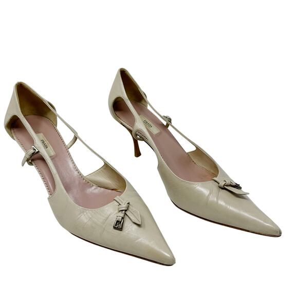 Prada Vintage Ivory Leather Pointed-Toe Heels Buckle Strap 39.5 - Picture 1 of 12